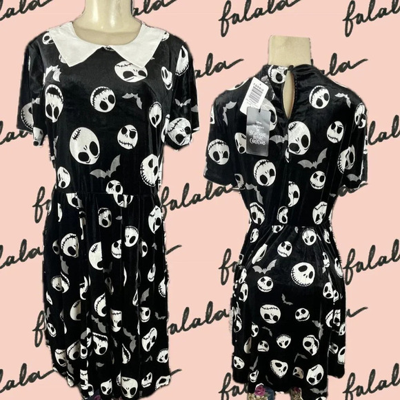 Disney Dresses & Skirts - Disney 0- L Black Velvet Nightmare Before Xmas Graphic Collar Pockets Dress